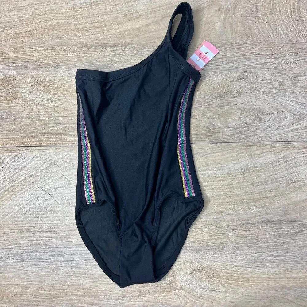 NWT Pilyq Girls One Shoulder One Piece Swimsuit Black Rainbow Metallic Size 4‎